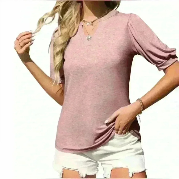 Women's T-Shirt V-Neck Casual Puff Short Sleeve Dressy Top Elegant Blouse - Picture 2 of 5